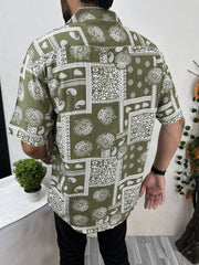 Paisley Design Half Sleeve Linen Casual Shirt In Light Green