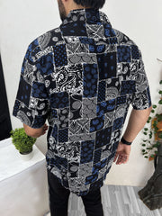 Bandana Hawain Printed Short Sleeve Linen Shirt In Blue