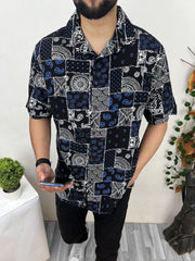 Bandana Hawain Printed Short Sleeve Linen Shirt In Blue