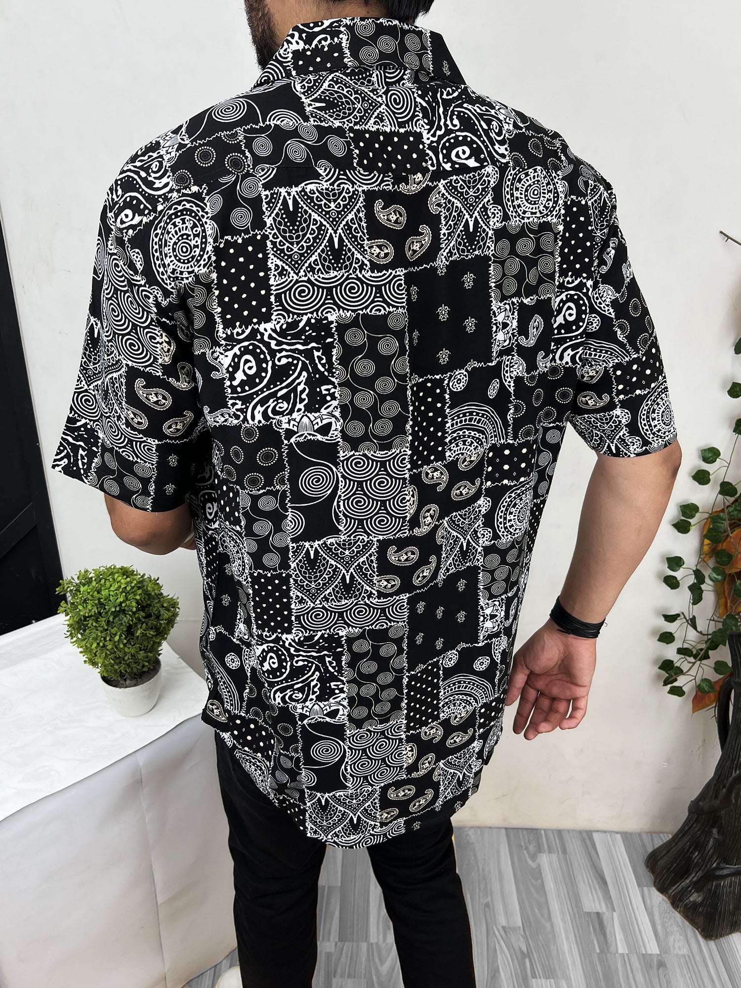 Bandana Hawain Printed Short Sleeve Linen Shirt In Black&White