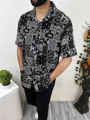 Bandana Hawain Printed Short Sleeve Linen Shirt In Black&White