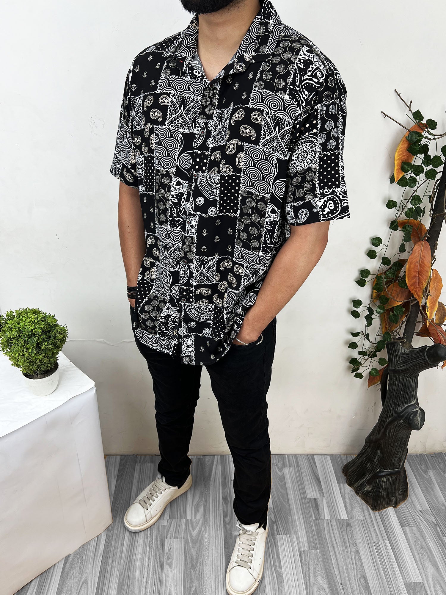 Bandana Hawain Printed Short Sleeve Linen Shirt In Black&White