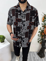 Bandana Hawain Printed Short Sleeve Linen Shirt In Maroon