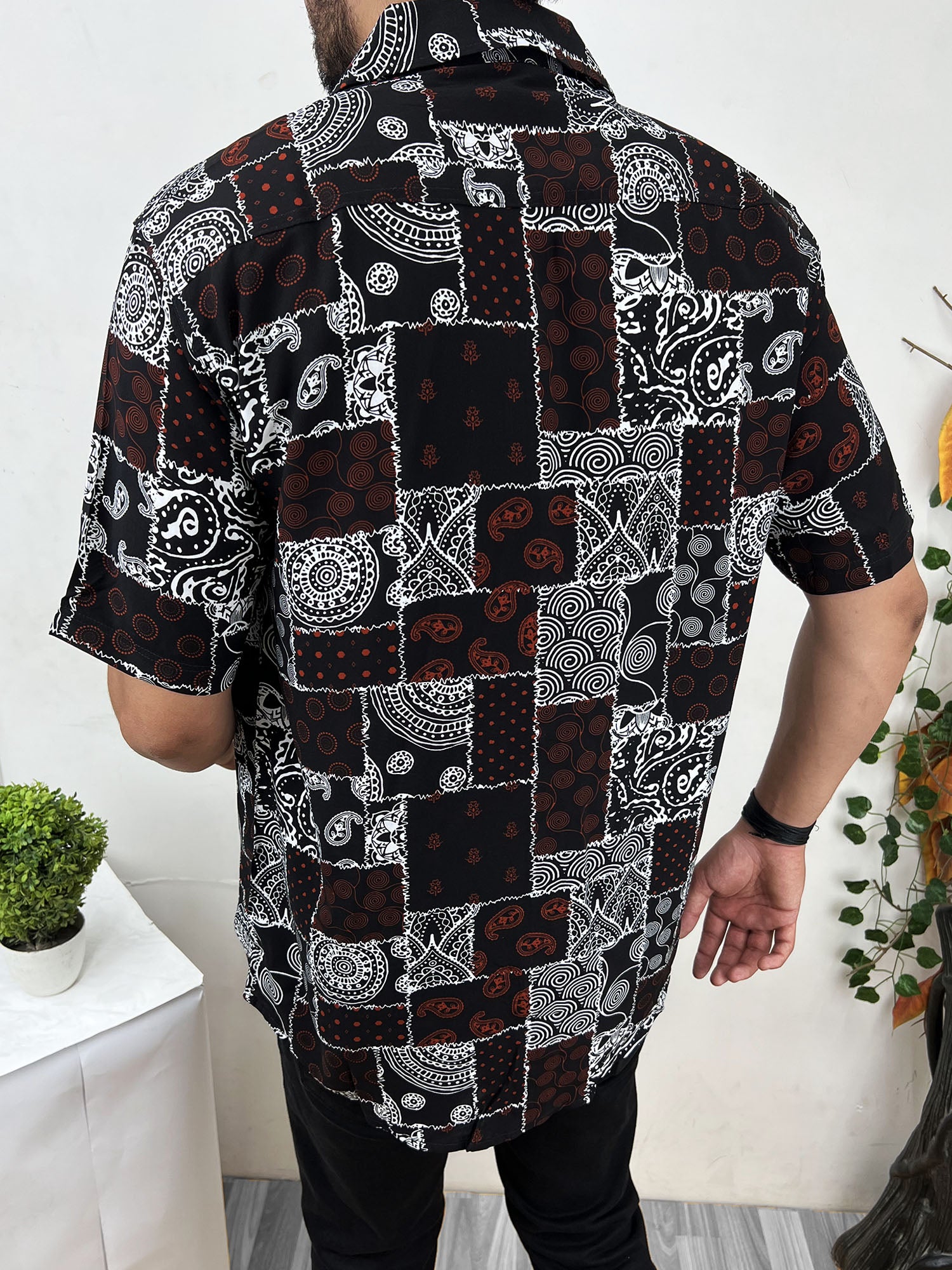 Bandana Hawain Printed Short Sleeve Linen Shirt In Maroon