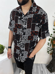 Bandana Hawain Printed Short Sleeve Linen Shirt In Maroon