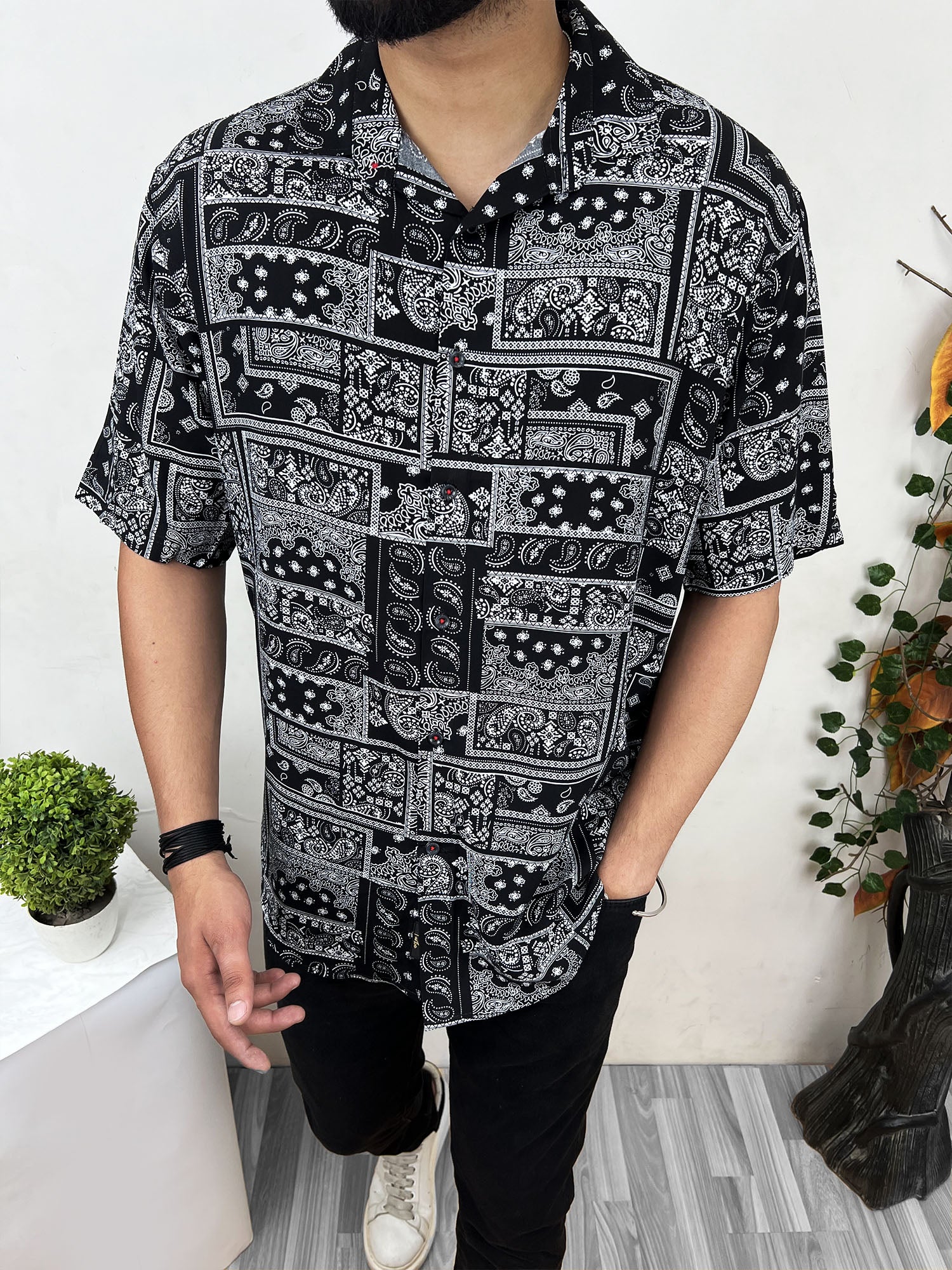 Geomatric Pattern Viscose Linen Casual Shirt