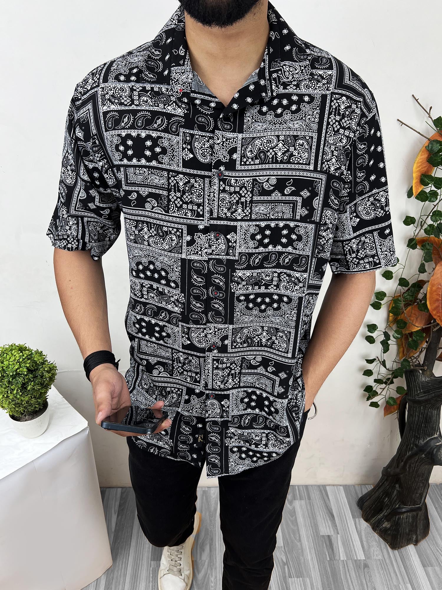 Geomatric Pattern Viscose Linen Casual Shirt