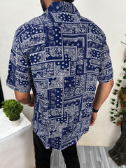 Geomatric Pattern Viscose Linen Casual Shirt in Navy Blue