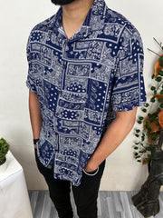 Geomatric Pattern Viscose Linen Casual Shirt in Navy Blue