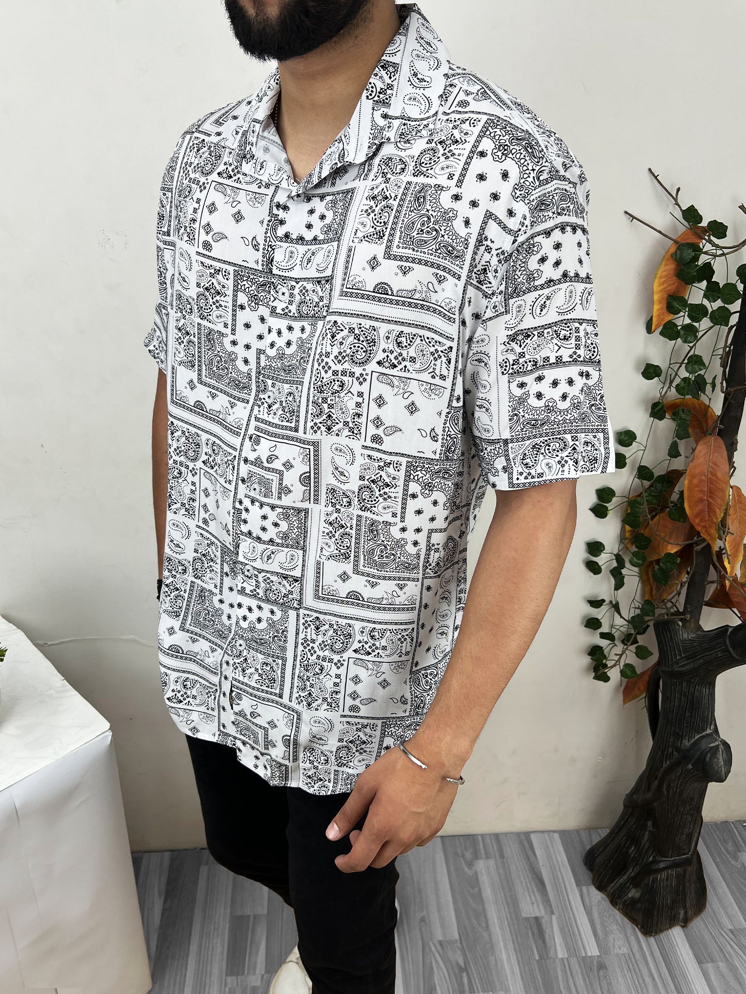 Geomatric Pattern Viscose Linen Casual Shirt