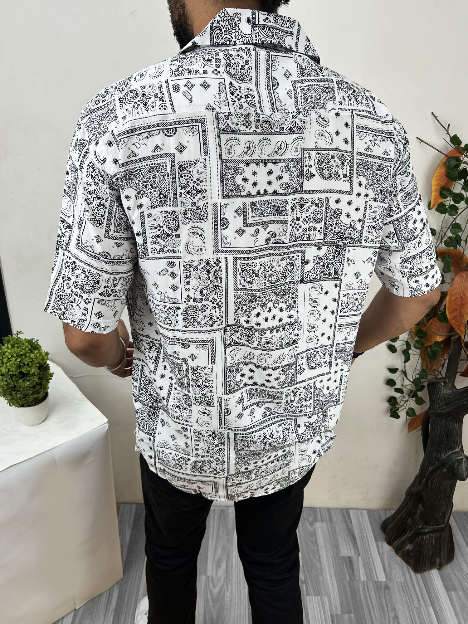 Geomatric Pattern Viscose Linen Casual Shirt