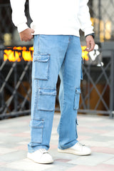 Turbo Pocket Design Cargo Denim Jeans In Mid Blue