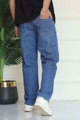Turbo Men's Wide Straight Baggy Jeans In Mid Blue