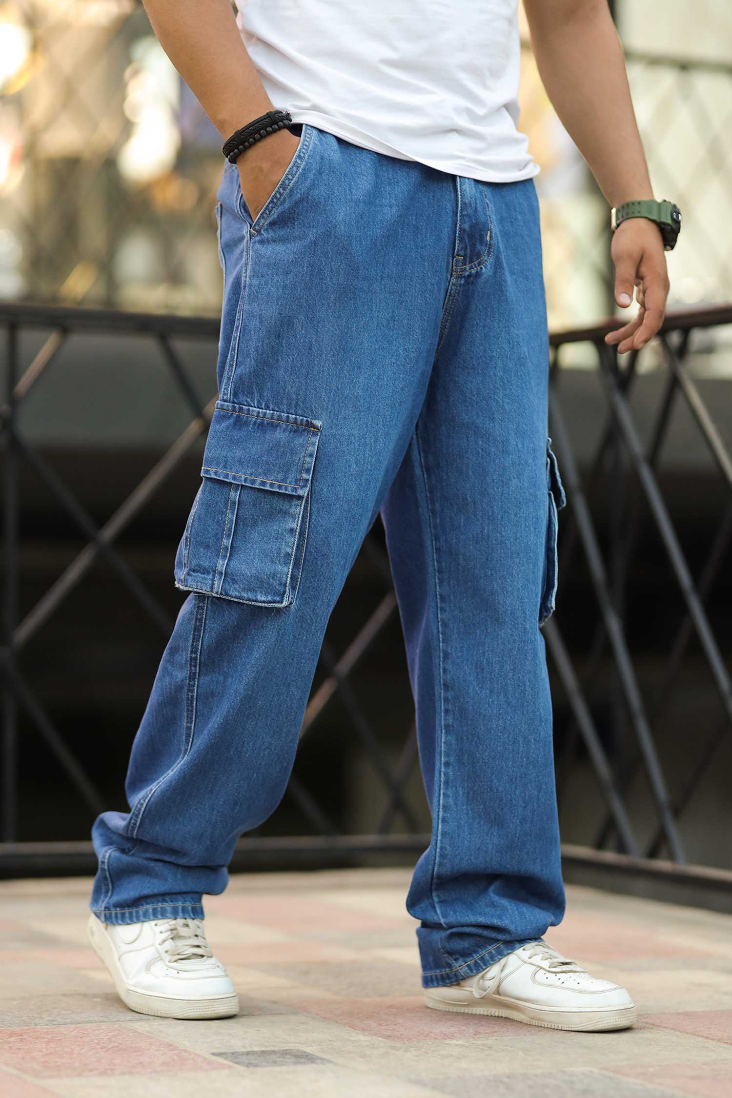 Denim Men's Multipockets Baggy Jeans In Mid Blue