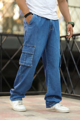 Denim Men's Multipockets Baggy Jeans In Mid Blue