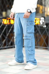 Turbo Pocket Design Cargo Denim Jeans In Mid Blue