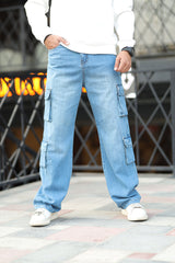 Turbo Classic Relaxed Cargo Denim Jeans In Mid Blue