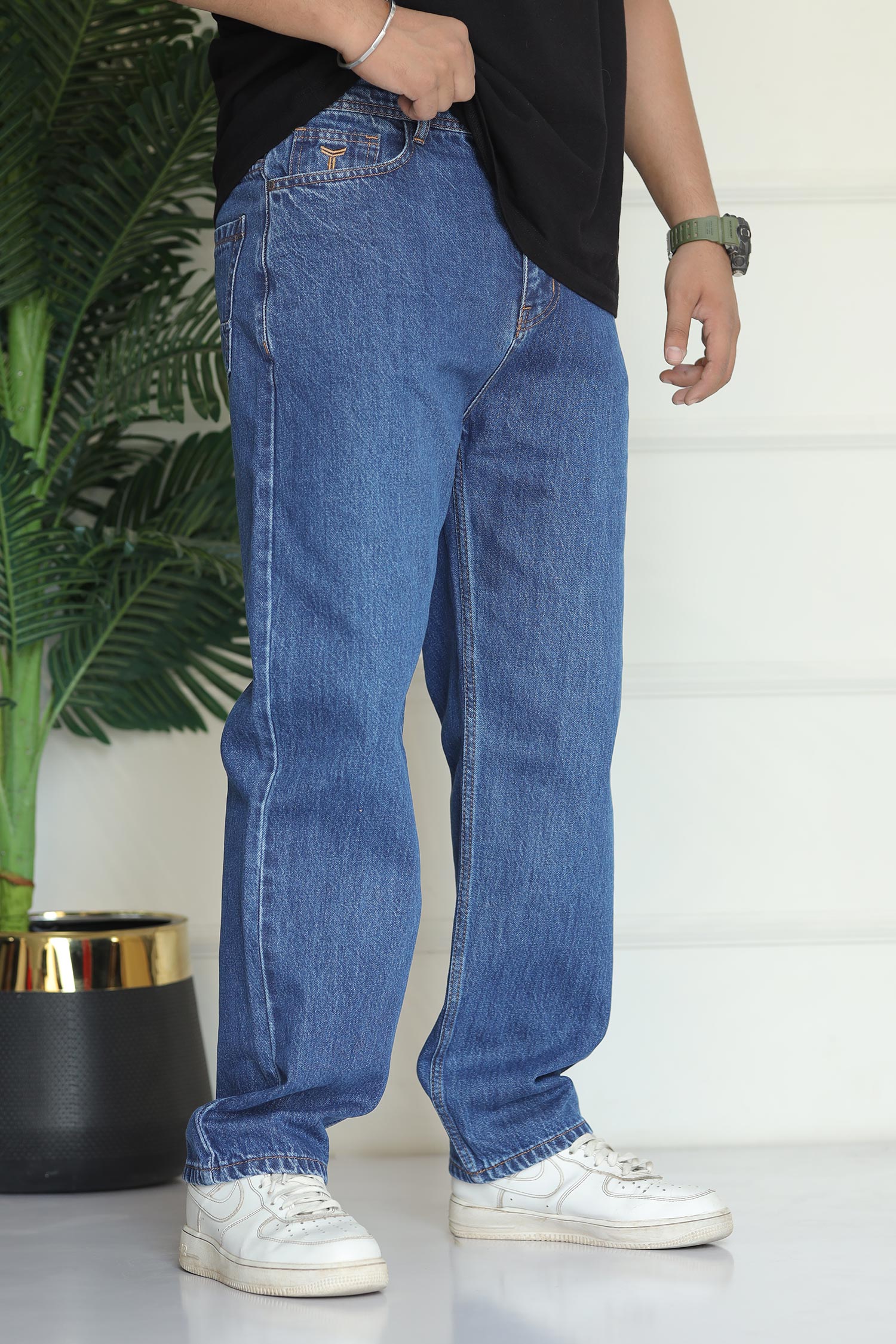 Turbo Men's Wide Straight Baggy Jeans In Mid Blue