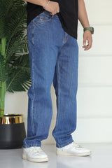 Turbo Men's Wide Straight Baggy Jeans In Mid Blue