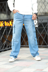 Turbo Classic Relaxed Cargo Denim Jeans In Mid Blue