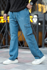 Turbo Vintage Style Cargo Denim Jeans In Mid Blue