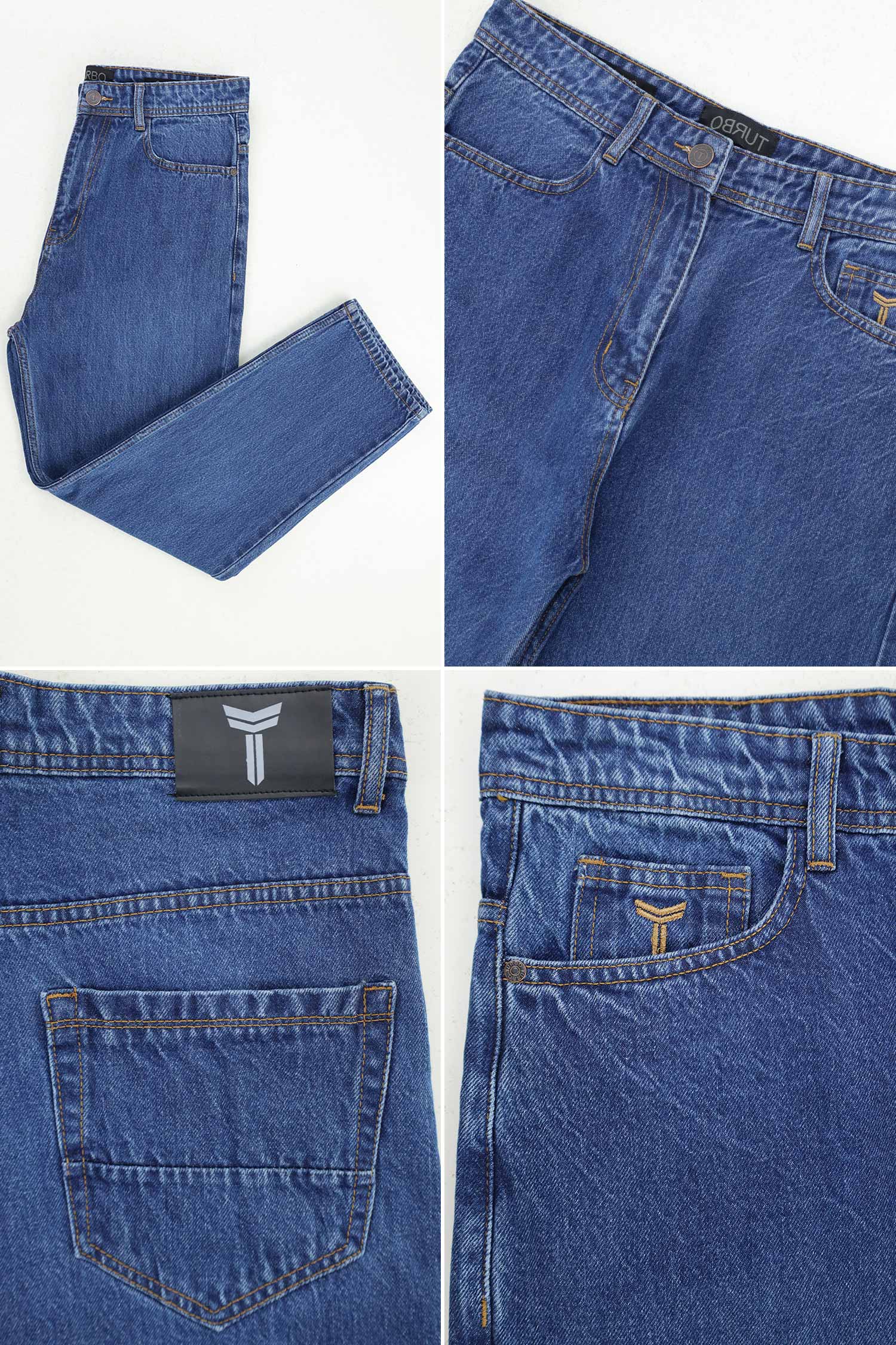 Turbo Men's Wide Straight Baggy Jeans In Mid Blue