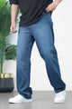 Turbo Denim Material Baggy Jeans In Mid Blue