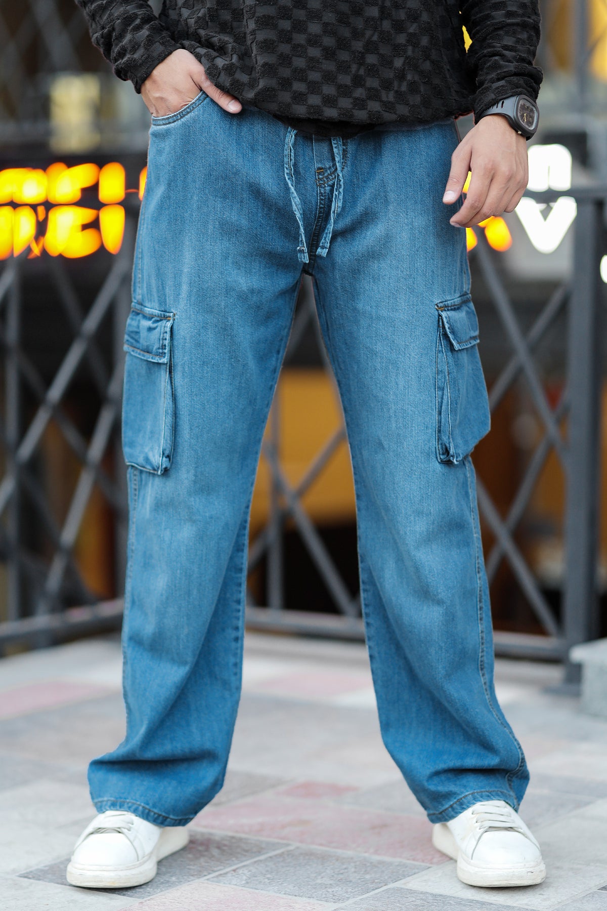 Turbo Vintage Style Cargo Denim Jeans In Mid Blue