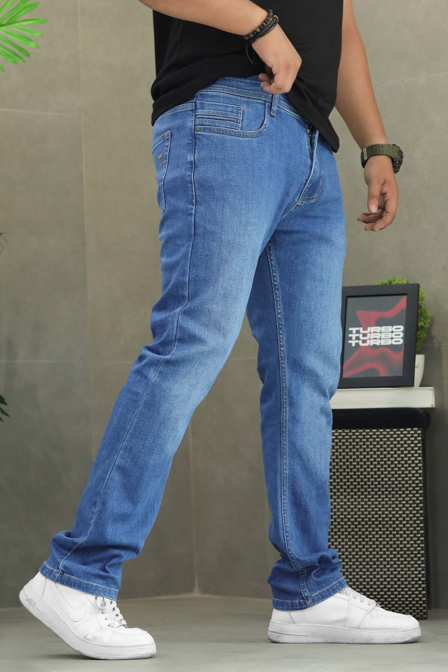 Turbo Stylish Slim Fit Denim Jeans In Mid Blue