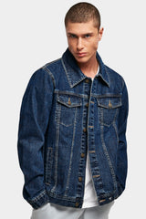 Slim Fit Front Pocket Style Denim Jacket in Dark Blue