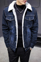 Fur Collar Sherpaa Inside Warm Denim Jacket in Dark Blue