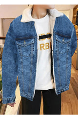 Fur Collar Sherpaa Inside Warm Denim Jacket in Faded Blue