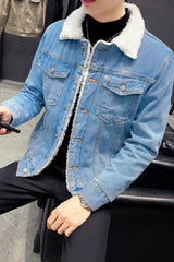 Fur Collar Sherpaa Inside Warm Denim Jacket in Sky Blue