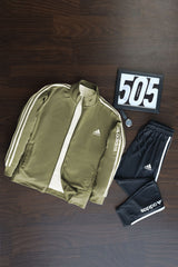 Adds 3 Stripes Signature Mock Neck Zipper Tracksuit In Mid Green & Black