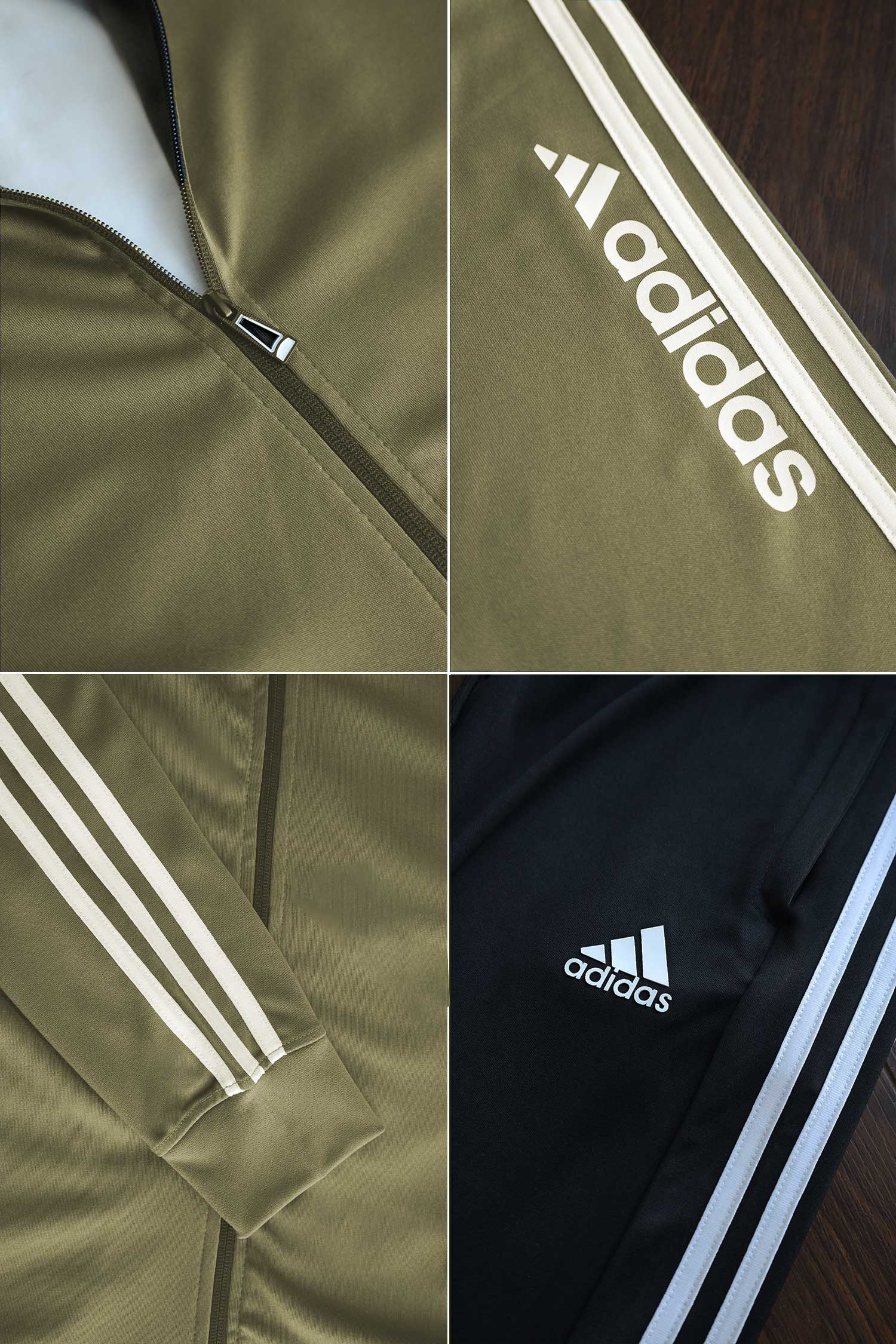 Adds 3 Stripes Signature Mock Neck Zipper Tracksuit In Mid Green & Black