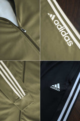 Adds 3 Stripes Signature Mock Neck Zipper Tracksuit In Mid Green & Black