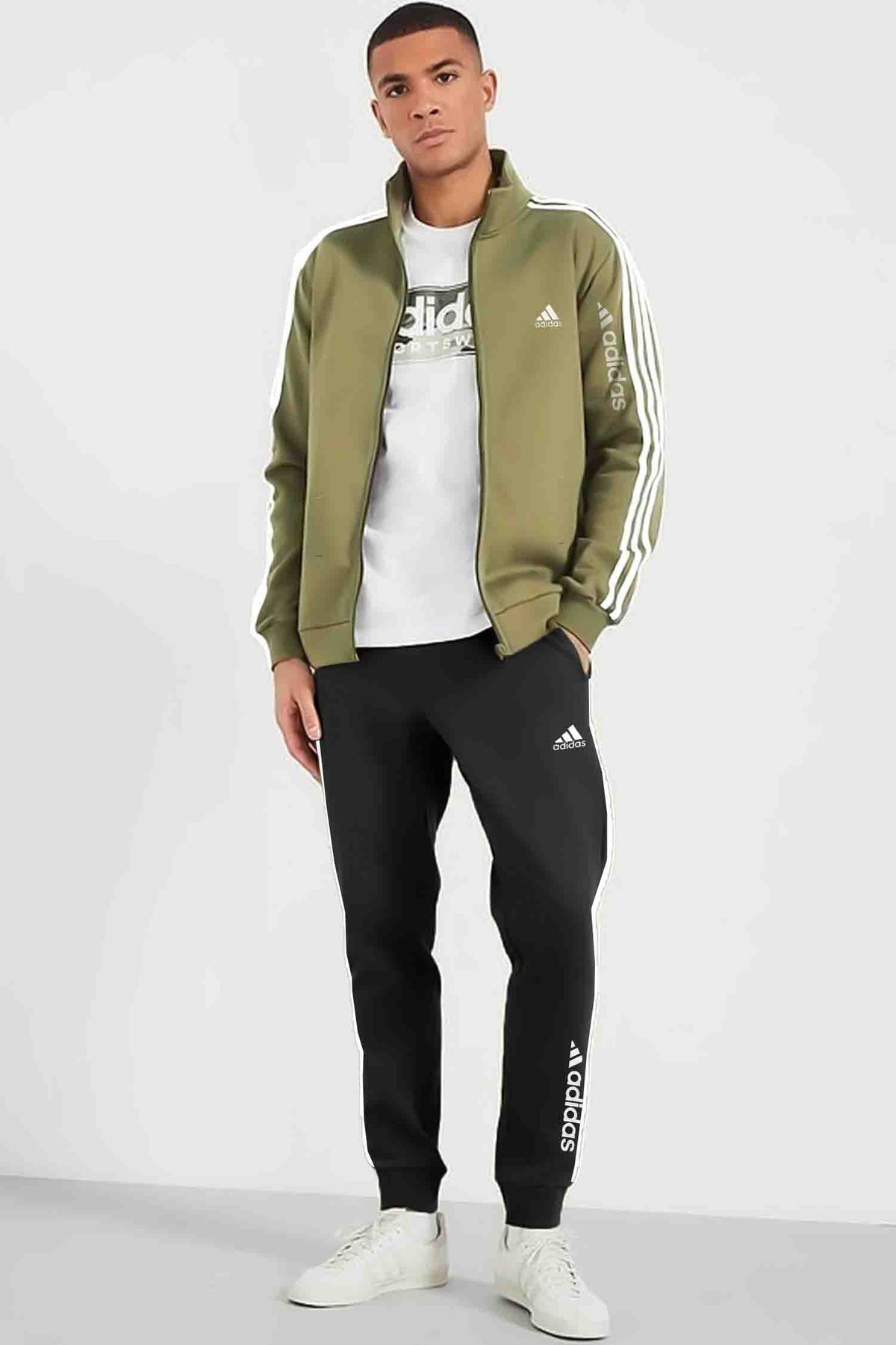 Adds 3 Stripes Signature Mock Neck Zipper Tracksuit In Mid Green & Black