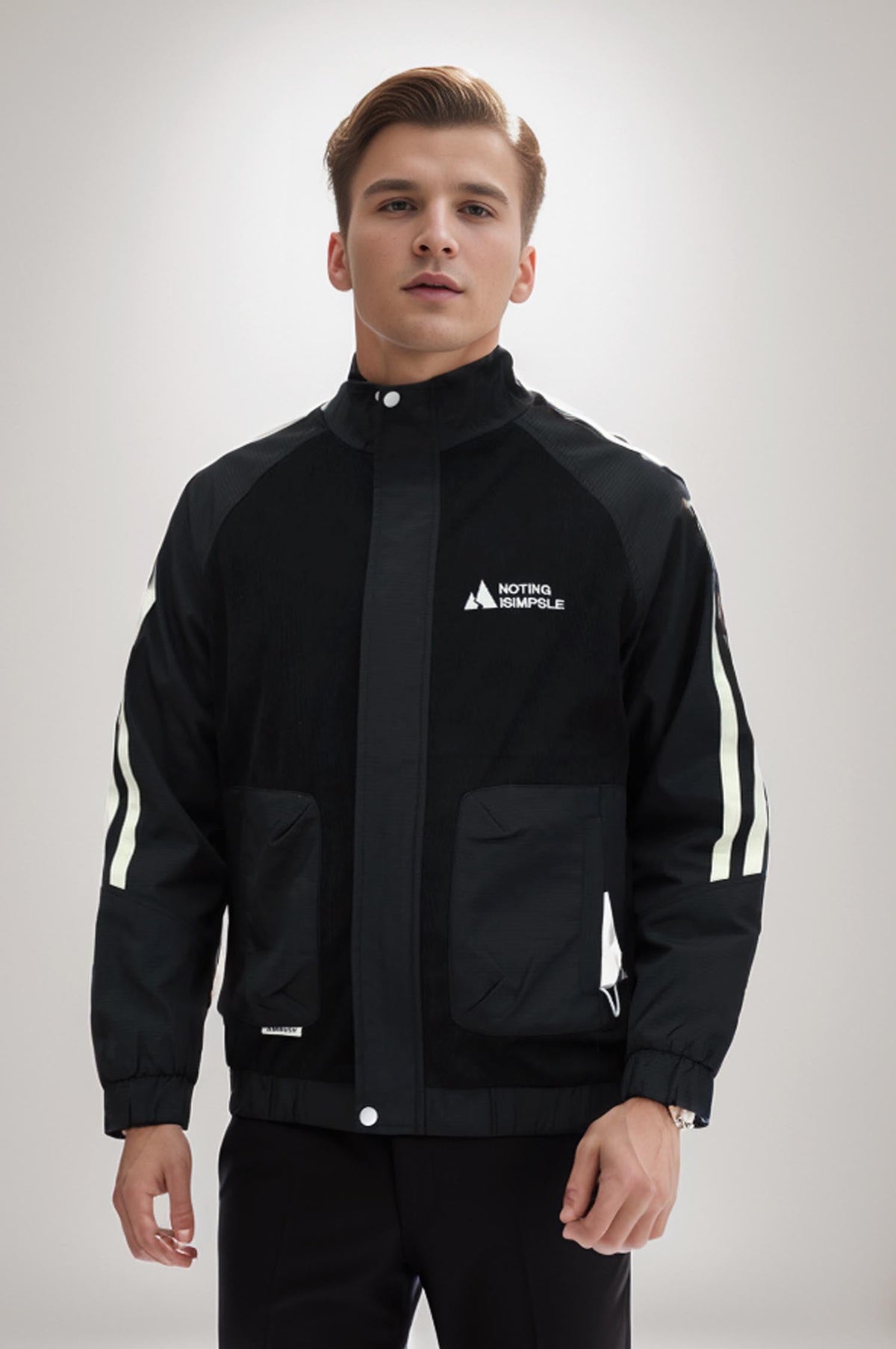 Notng Ismple Front Slogan Light Weight Jacket in Black