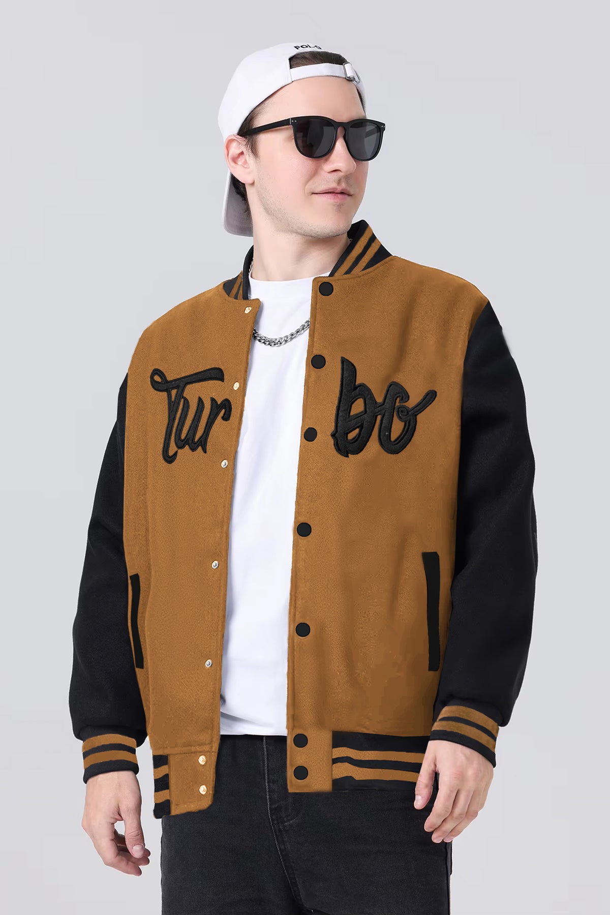 Turbo Button Style Men's Varsity Jacket In Dark Camel