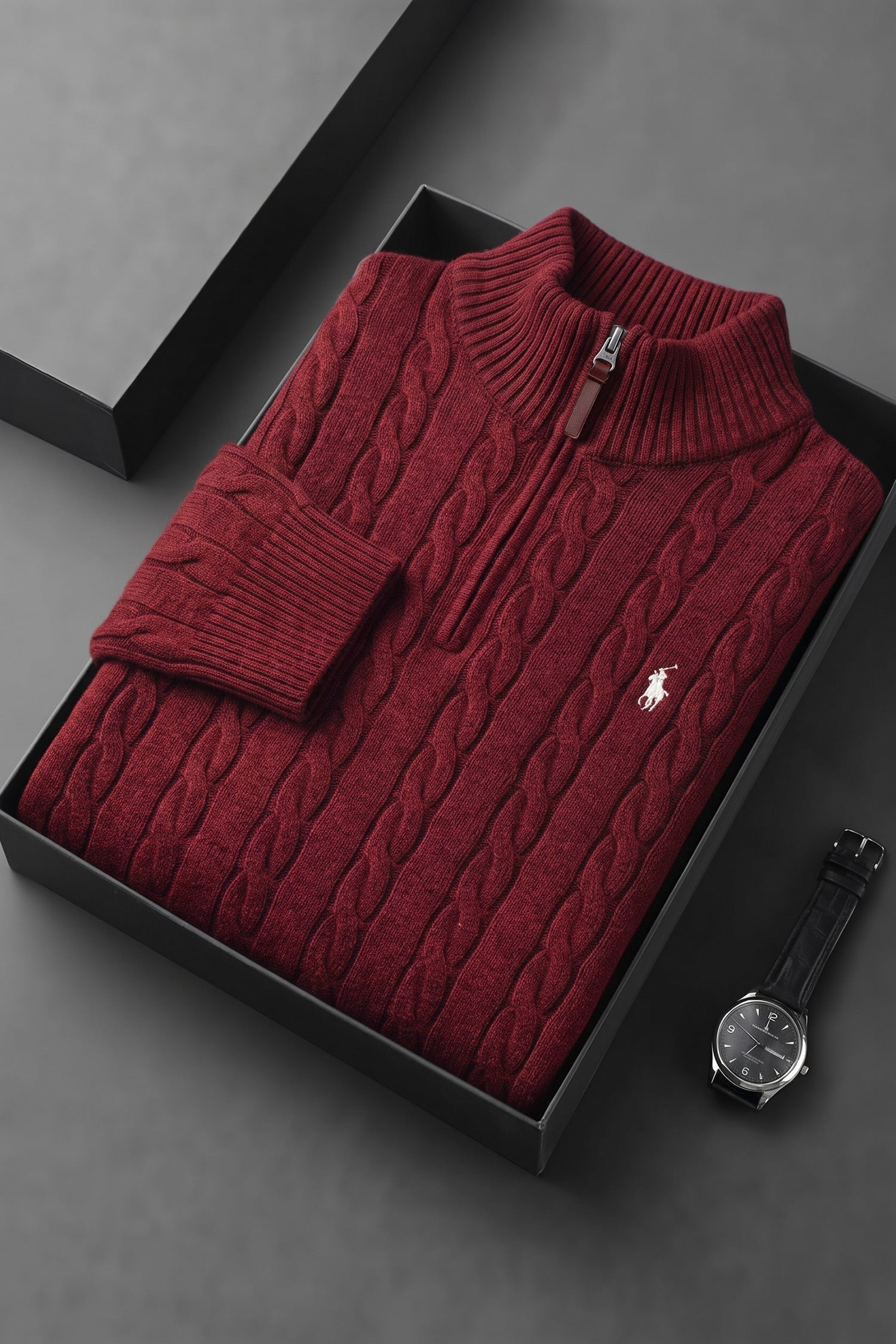 Polo Pony Half-Zip Cable Knit Texture Imported Men's Jumper Sweater In Maroon