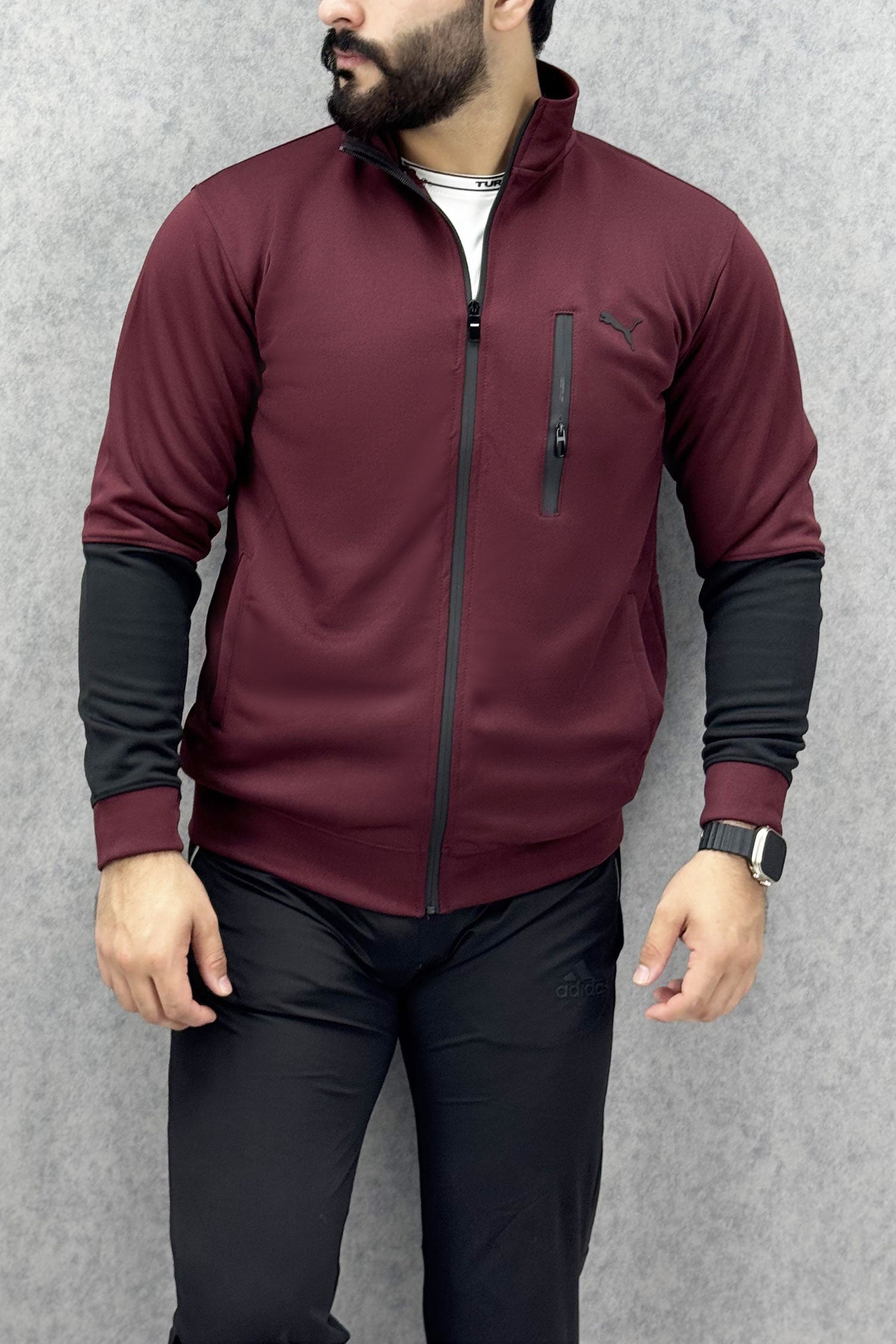 Pma Zipper Style Mock Neck Men Zipper Upper in Maroon