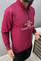 Tmy Hlfgr Embriodered Half Zip Full Sleeves Men's Sweatshirt In Maroon