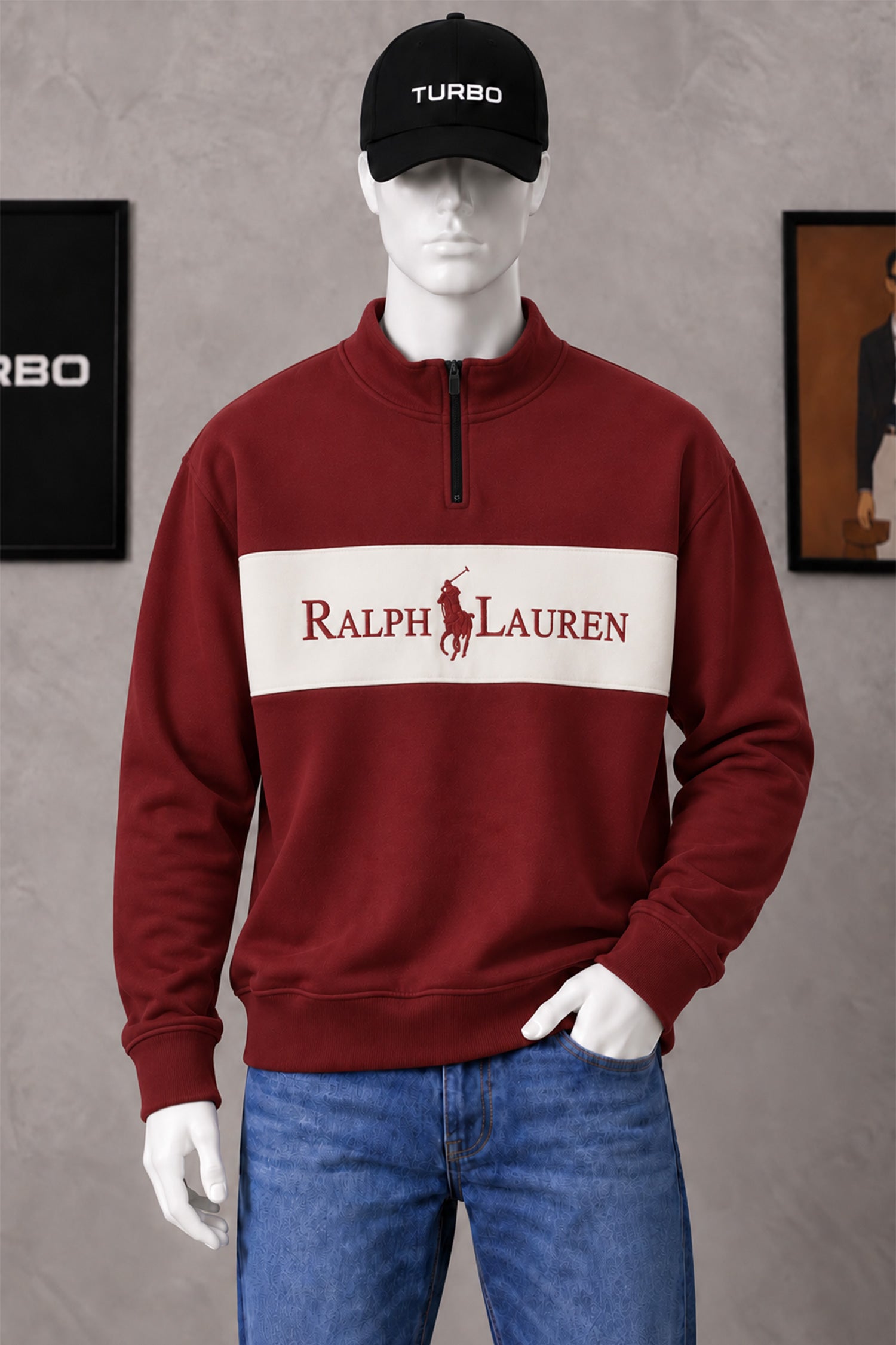 Rlph Lurn Quarter Zip-Up Mock Neck Men's Sweatshirt In Maroon