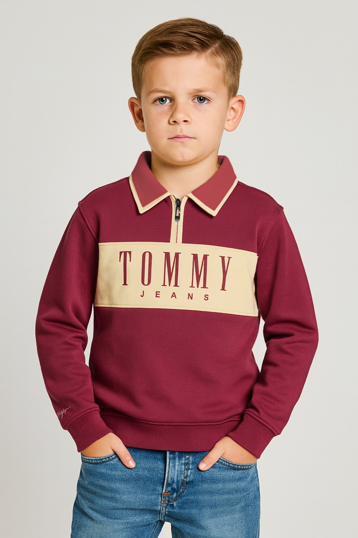 Tomy Hilfiger Varsity Coller Style Unisex Kids SweatShirt In Maroon