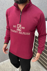 Tmy Hlfgr Embriodered Half Zip Full Sleeves Men's Sweatshirt In Maroon