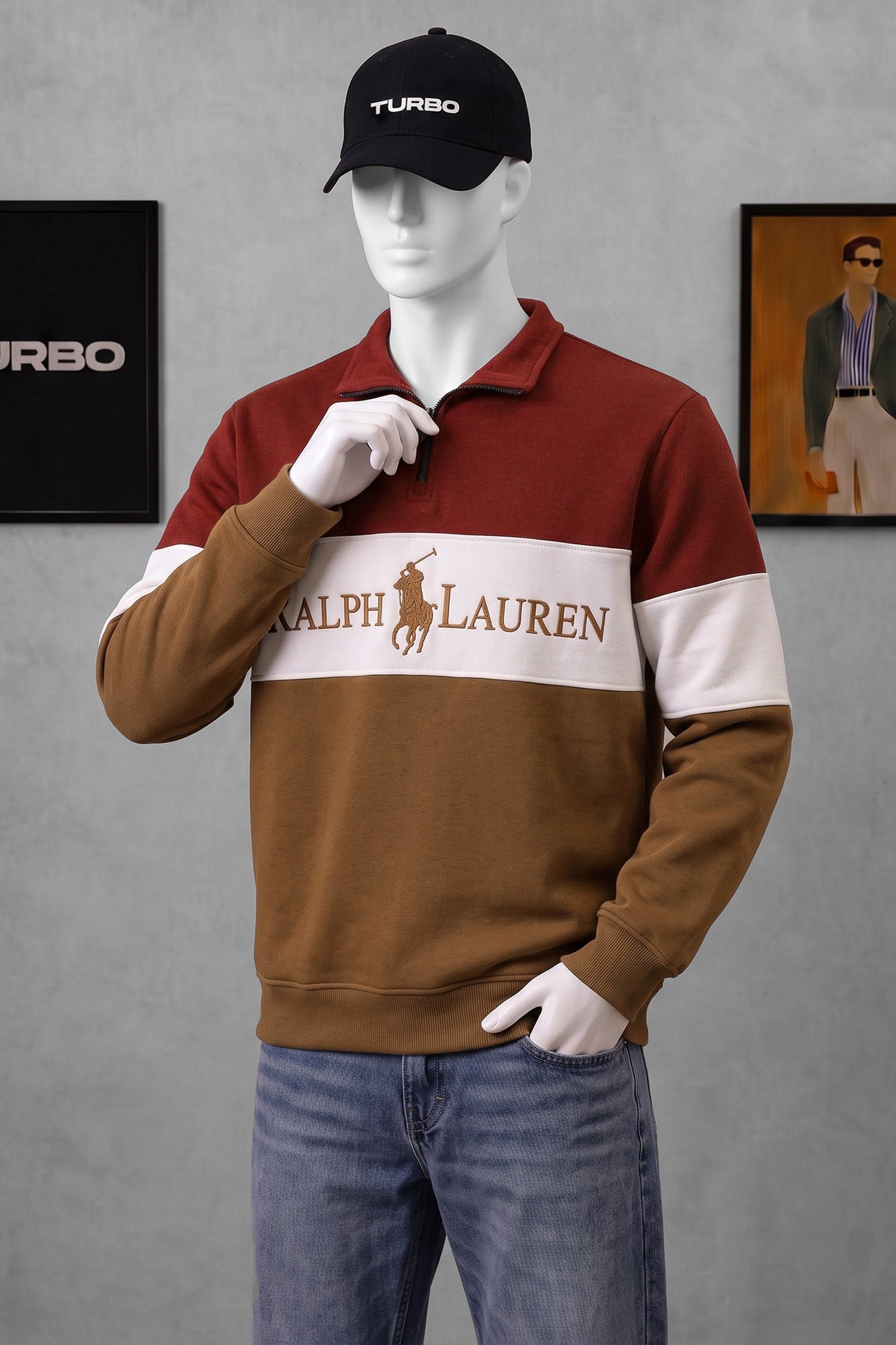 Plo Rph Lren Heritage Mock-Neck Zip Style Men's Sweatshirt In Maroon
