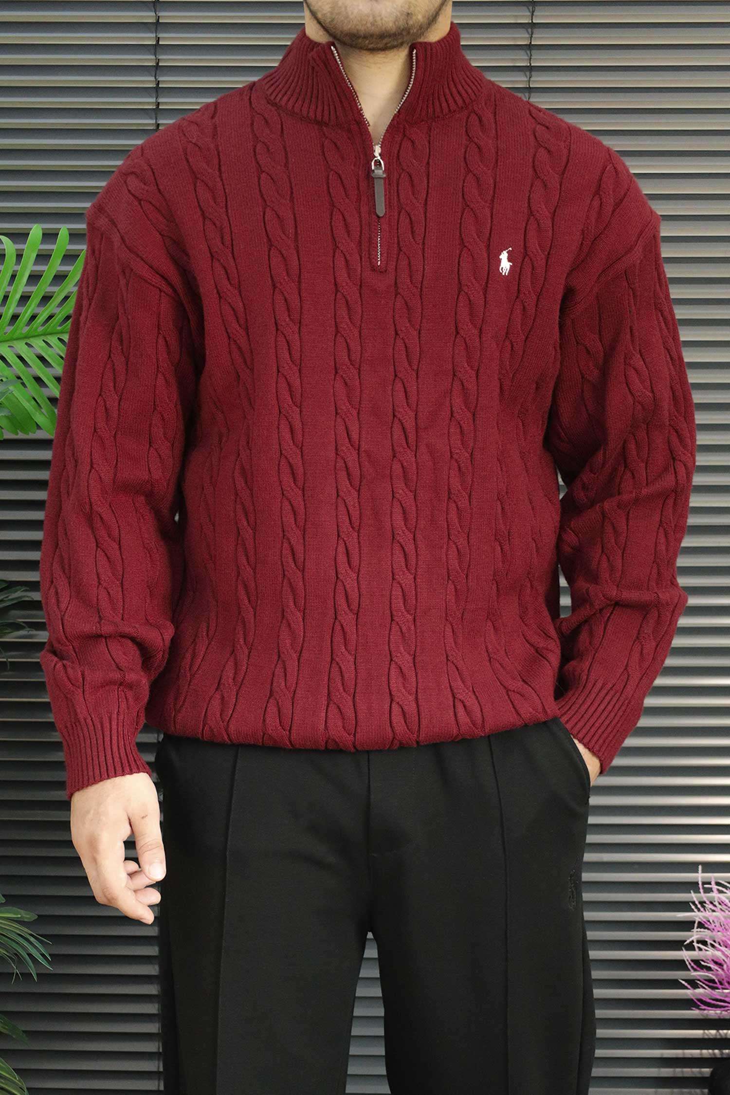 Polo Pony Half-Zip Cable Knit Texture Imported Men's Jumper Sweater In Maroon