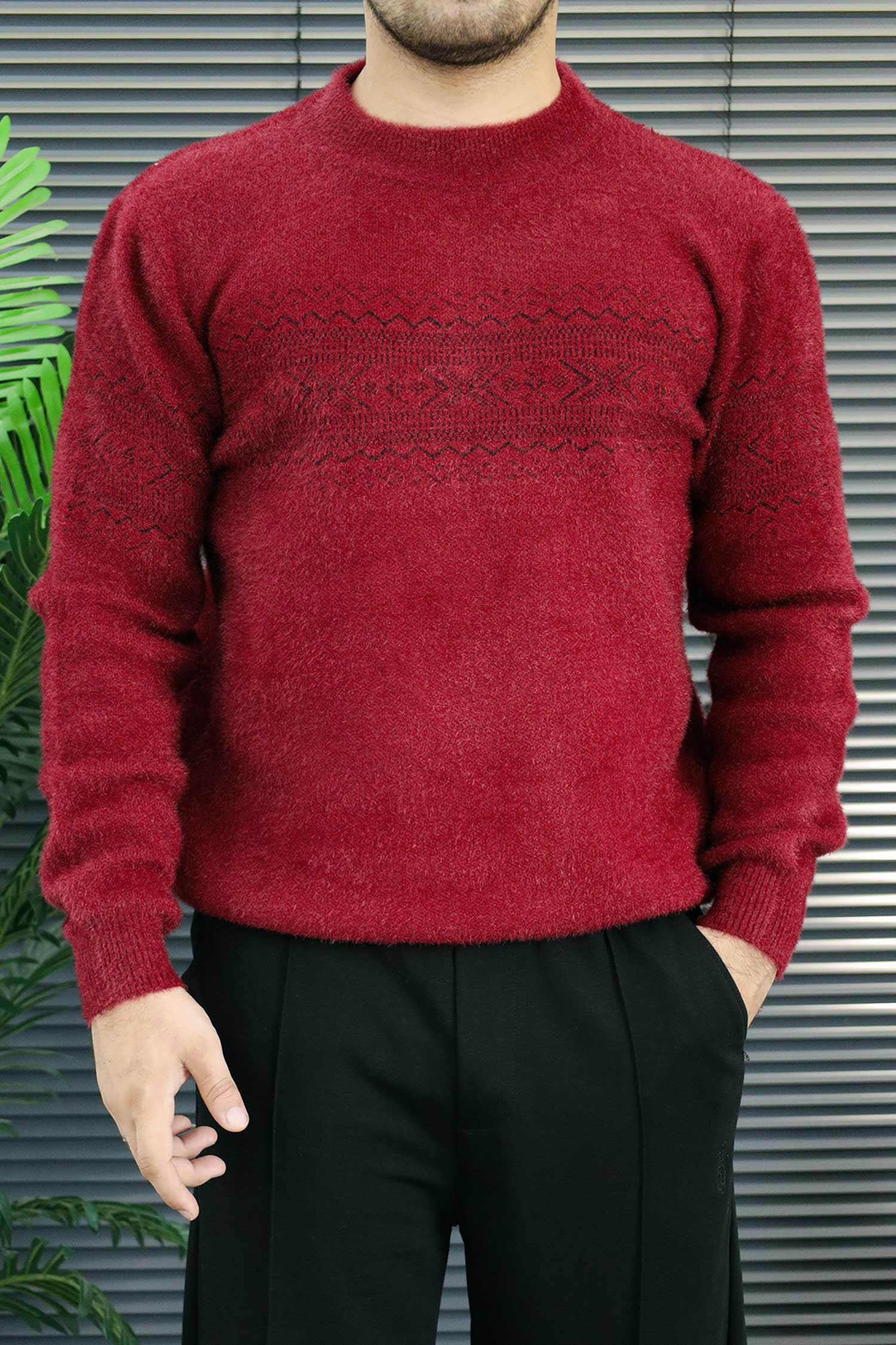 Nordic Pullover Pattern Imported Round Neck Rabbit Wool Men's Sweater In Maroon