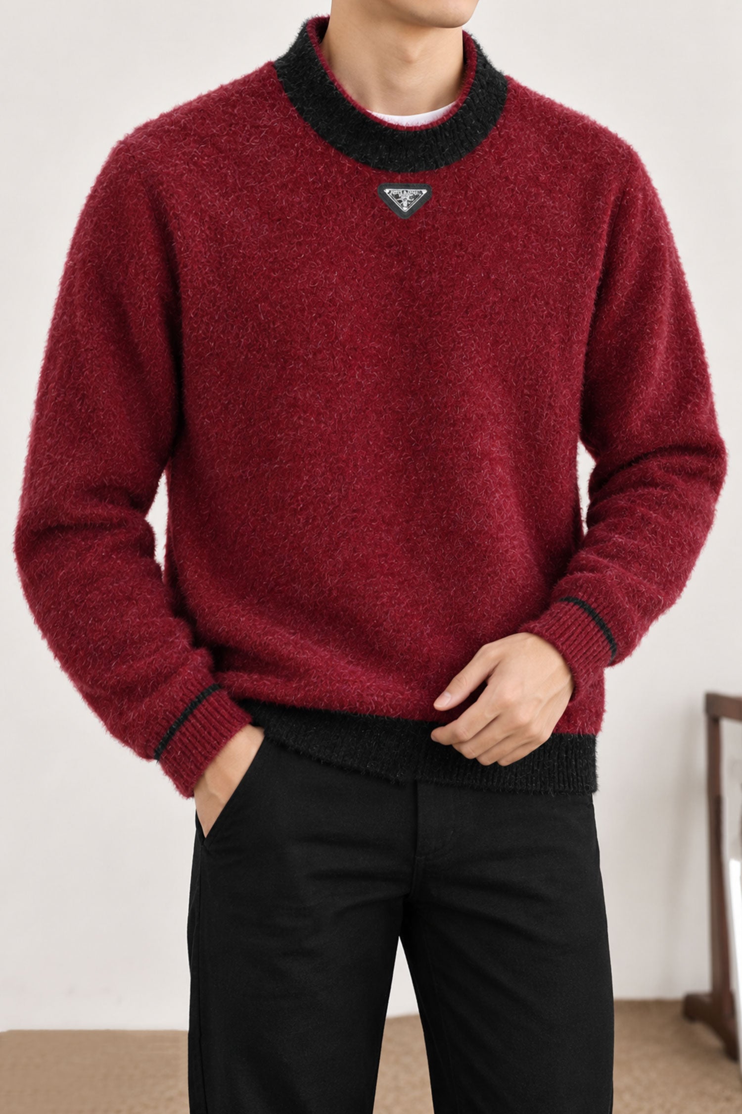 Prda Long Sleeve Pullover Imported Round Neck Rabbit Wool Men's Sweater In Maroon