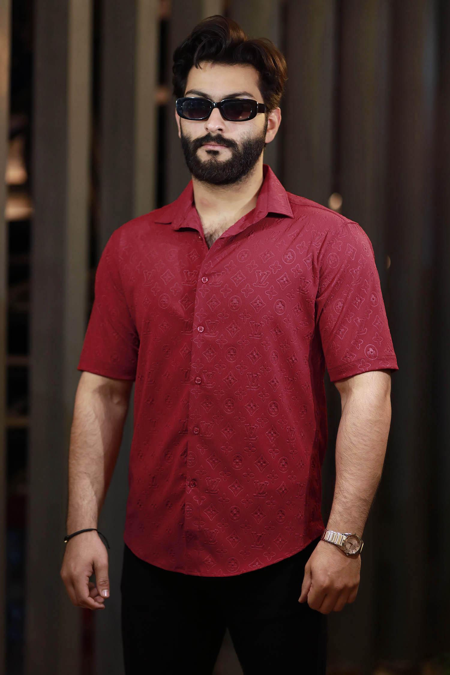 Embossed LV Logo Casual Shirt In Maroon